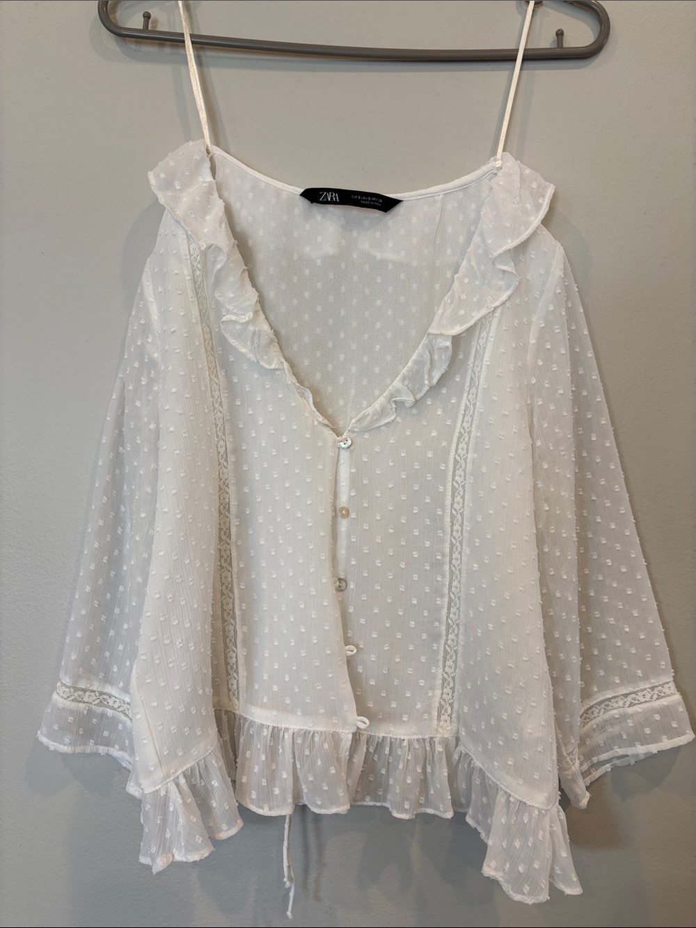 Zara Cream Swiss Dot Ruffle Tie-Front Blouse